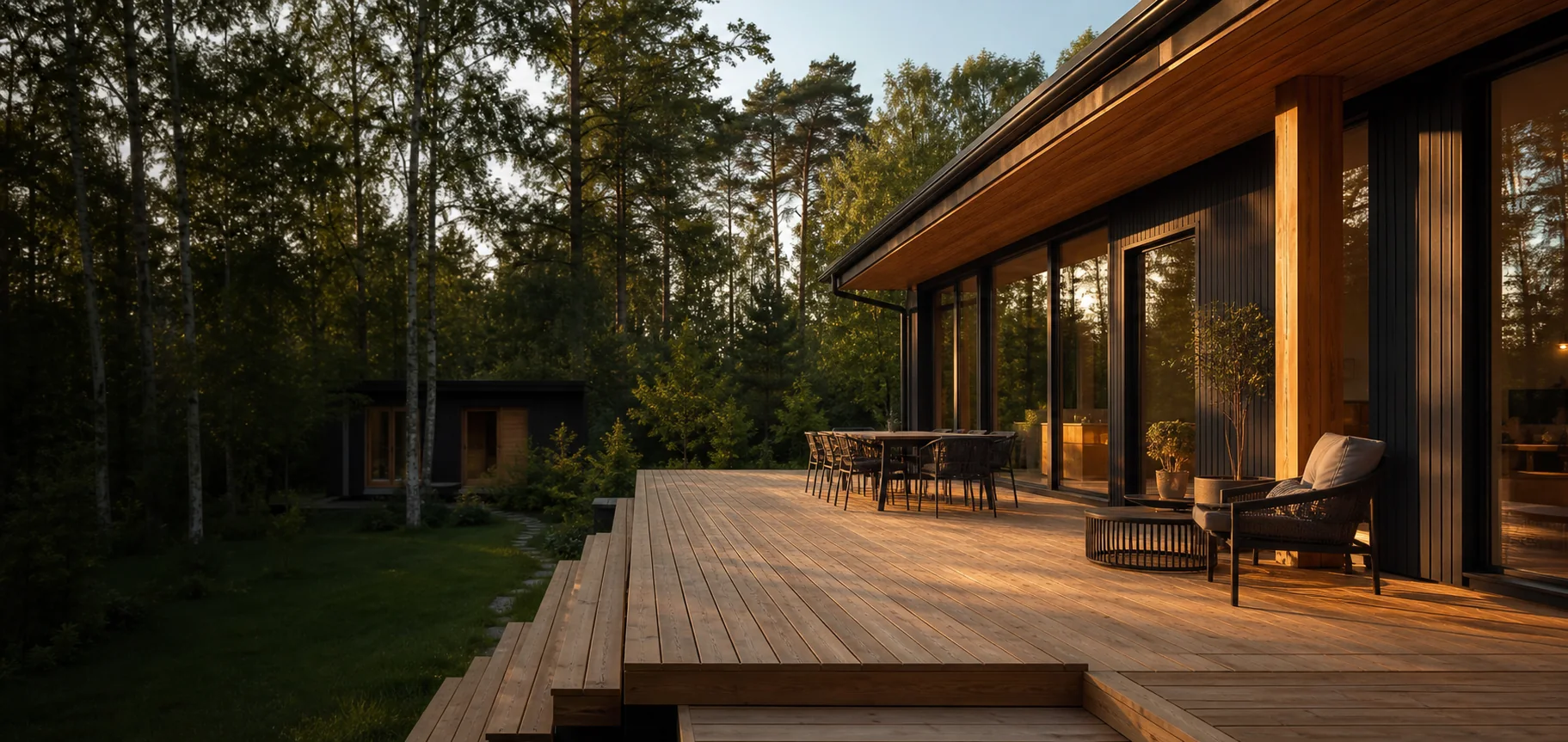 Kaasaegne puidust terrass rohelise aia kõrval